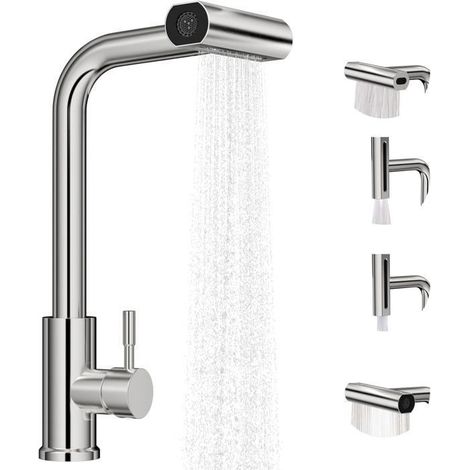 Robinet Cuisine Extensible 4 Modes,Mitigeur Rotatif 360° avec Douchette,Acier Inoxydable Brossé,Économie d'Eau (1/5)