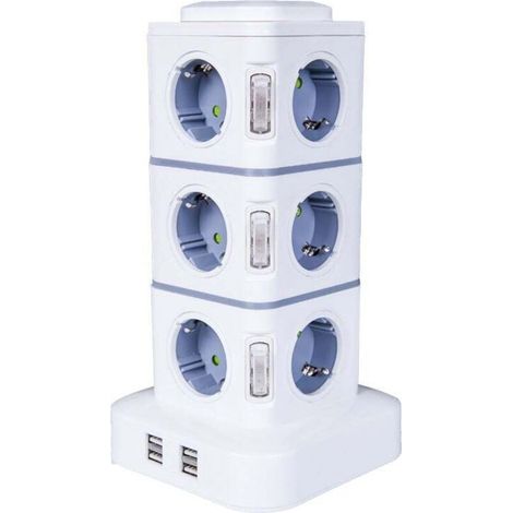 Turm-Steckdosenleiste, 12 Steckdosen (2500 W / 10 A) mit 4 USB-Anschlüssen, Überspannungsschutz, vertikale Steckdosenleiste