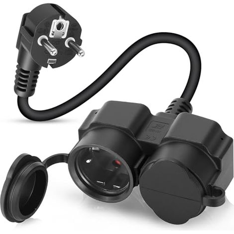 Rallonge avec Prise , Double Prise avec Deux Prises et Capuchons Anti-poussière, Double fiche pour Usage intérieur/extérieur, Maximum 3500 W, 16 A 250 V, IP44, 0,25 m
