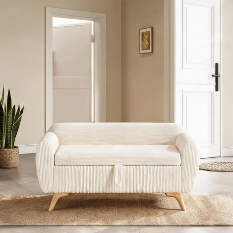 Banc de rangement pliant beige en tissu côtelé avec pieds en bois (1/5)
