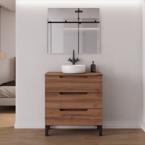 Meuble de salle de bain 60cm avec plateau et vasque à poser ronde - 3 tiroirs - noyer (bois foncé) - RIZA (1/5)