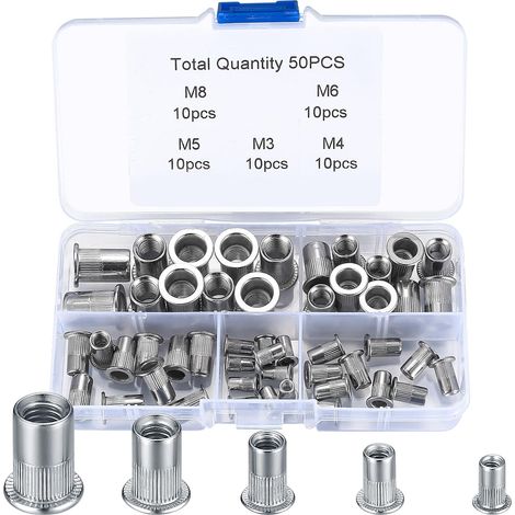 50 Pièces Assortiment d’écrous Rivets, Rivet Écrou Plat Tête Filetée Rivet Acier inoxydable - M3 M4 M5 M6 M8 (1/5)