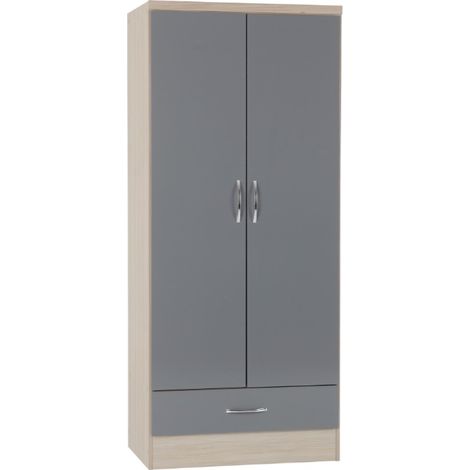 Nevada 2 Door 1 Drawer Wardrobe - L52 x W78 x H182.5 cm - Grey Gloss/Light Oak Effect Veneer (1/5)