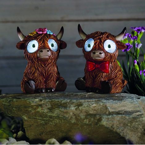 LOT DE 2 VACHES HIGHLANDS MÂLE ET FEMELLE SOLAIRES AUX YEUX INTERACTIFS 9CM (1/2)