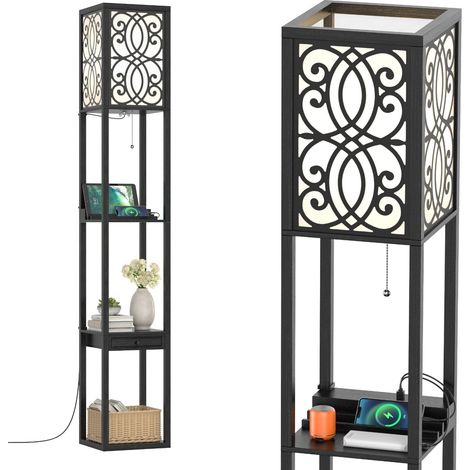 Floor Lamp Freestanding Bedside Lounge Light Lamp W/ 3 Tier Shelves-Black (1/5)