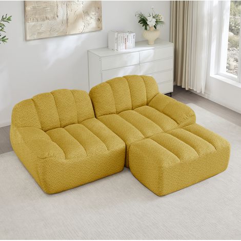 Divano modulare angolare a 2 posti con pouf, forma a conchiglia, tessuto granulare, giallo (1/5)