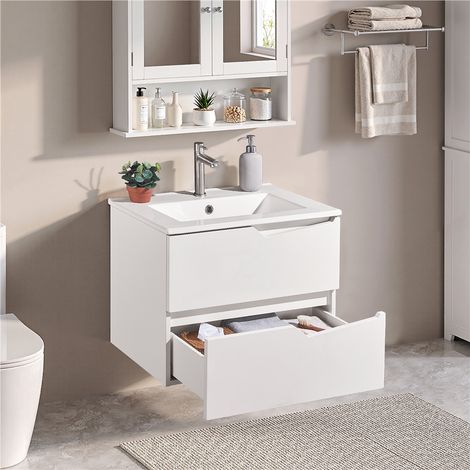 Yaheetech Meuble sous lavabo suspendu au mur, lavabo en céramique, blanc (1/5)
