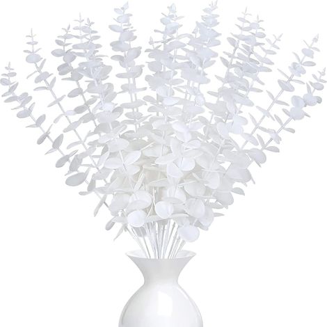 Branche Eucalyptus - 20 Pièces - Plastique Blanc - Tige Flexible - Décoration Mariage Maison - 38 cm (1/5)