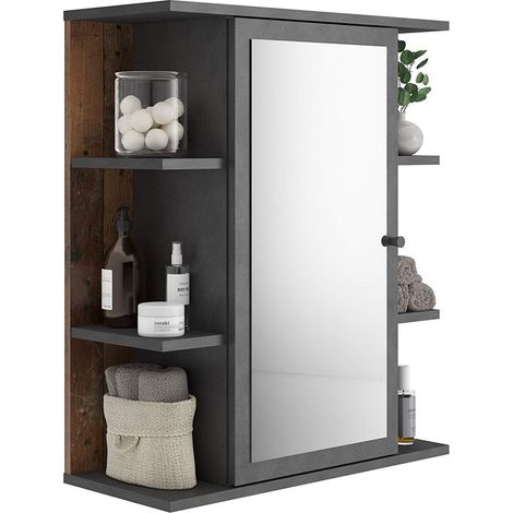 Armoire Miroir de Salle de Bains 60 x 71.5 x 25 cm Décor Matera Old Style Foncél, Porte Miroir Centrale avec 6 Étagères, 952-005E (1/4)