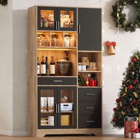Buffet de cuisine 100x40x185 cm - style ferme vintage - led connectée - prises ac + usb - étagères réglables - structure mdf - noir et bois (1/5)