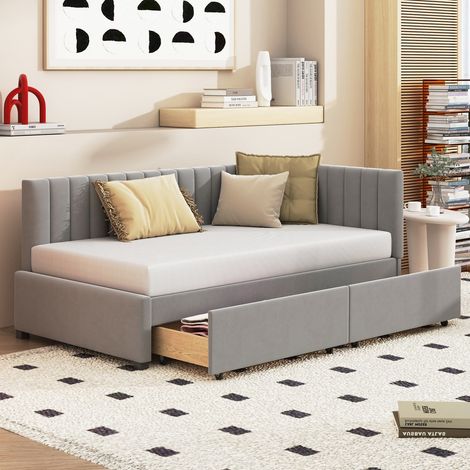 Lit banquette 90x200cm en velours gris avec sommier à lattes et 2 grands tiroirs de rangement (1/5)