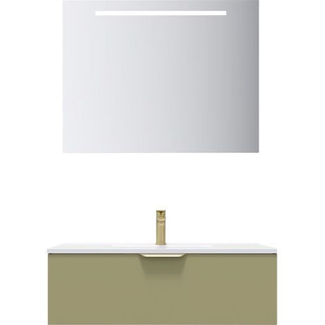 Meuble de salle de bain suspendu vasque intégrée 90cm 1 tiroir Vert olive + miroir - Venice (1/5)