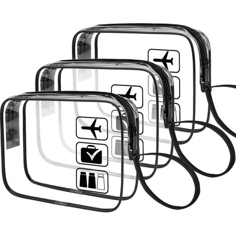 Tres neceseres transparentes, perfectos para llevar líquidos en el equipaje de mano.