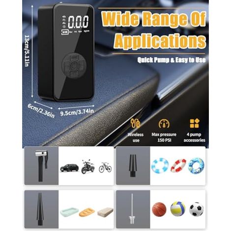 Compresseur à Air Portatif 150 PSI, 2x1800 mAh, USB-C (1/4)