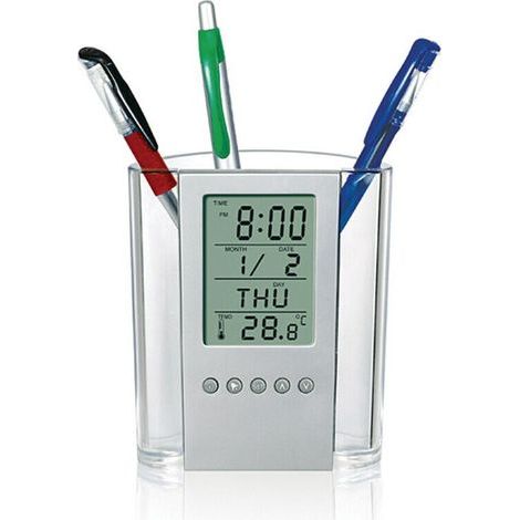 Organiseur de bureau numérique LCD avec horloge, porte-stylo en filet, thermomètre et tiroir automatique, optimisant l'utilisation de l'espace de travail.