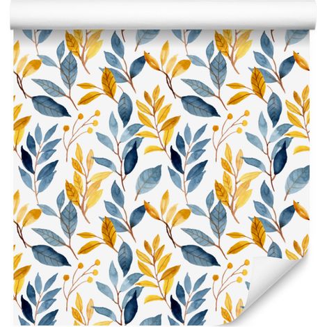 Carta da parati con fiori bianchi, crema e blu per soggiorno e camera da letto, 50x1000 cm (1/5)