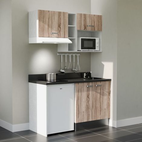Kitchenette K13L - 140 cm - plan monobloc évier intégré Nero- évier à droite - Façades Bois + Electroménager inclus coloris Blanc