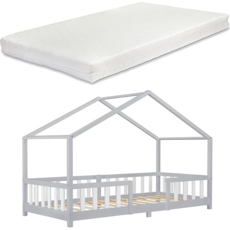 Kinderbett Treviolo 90x200 cm mit Kaltschaummatratze und Gitter Hellgrau / Weiß [en.casa]