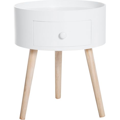 Skandinavischer runder Couchtisch/Beistelltisch mit Schublade, aus massiver heller Eiche und weißem Holz, mit konisch zulaufenden, schräg gestellten Beinen
