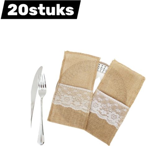 Lot de 20 porte couverts en dentelle de jute pour décoration de table Noël fêtes et mariages beige (1/4)