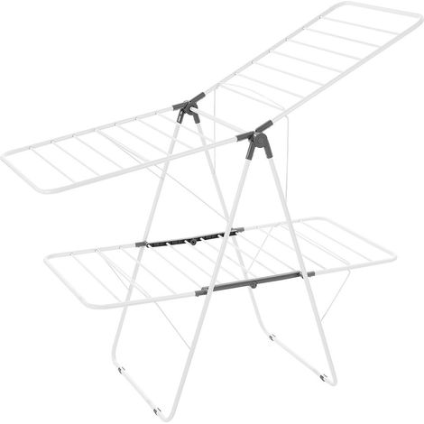 Étendoir à linge pliable 2 niveaux en métal avec 31 barres et pinces, hauteur réglable, idéal intérieur extérieur, design peu encombrant. (1/5)