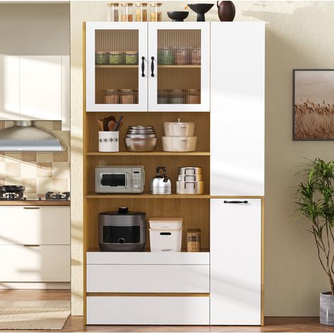 Credenza alta in MDF bianco e naturale 100x40x200 cm con ante in vetro rigato, 2 cassetti e ripiani estraibili (1/5)