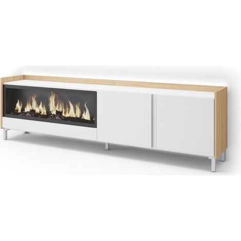Skraut Home - TV-Schrank, Lowboard, für Wohnzimmer und Esszimmer, 212x35x61cm, Für TV-Geräte bis zu 80", Elektrokamin XXL, Industriedesign, LED, Moderner Stil, Weiß und Eiche Soft