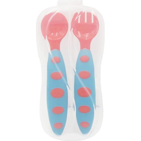 Lot bébé couverts portable réutilisable PP rouge et bleu : cuillère et fourchette pour enfant en bas âge, maison et restaurant, couleurs vives (1/5)