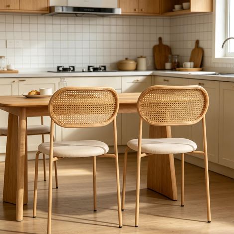 Deux chaises de salle à manger en rotin – chaises longues – ergonomiques – silencieuses et antidérapantes – dossiers tressés à la main – coussins d'assise en polyuréthane – design nordique (1/5)