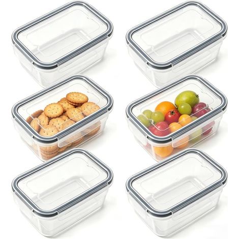 Set of 6 stackable, square, transparent, airtight and leakproof plastic storage containers (320ml each) with lids, suitable for refrigerator/freezer use. BPA free. (1/5)