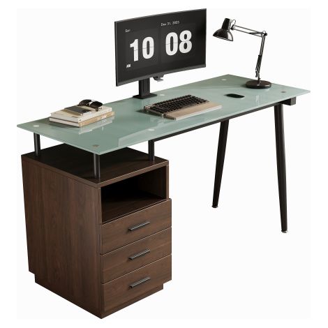 Bureau 130x50 verre trempé dépoli métal 3 tiroirs rangement marron