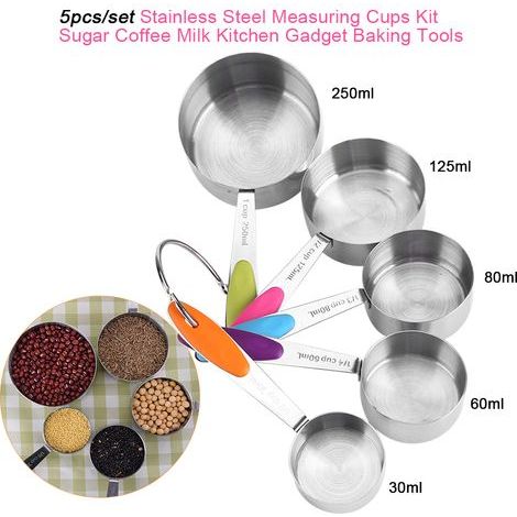 5Pcs Tasses doseurs en 430 acier inoxydable Cuisinières à mesurer avec manche en silicone Tasses doseuses Gadget outil cuisine 30-250ml (1/5)