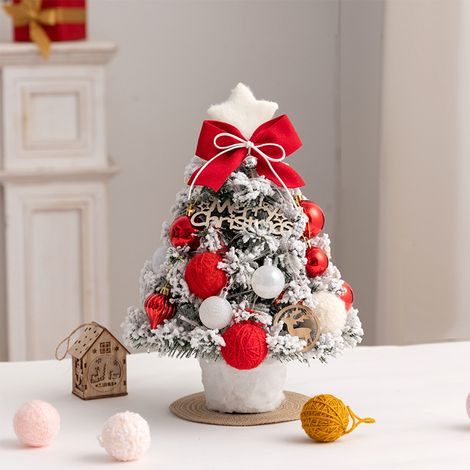Mini Árbol de Navidad Rojo Nevado 35 cm, Decoración Flocada DIY para Escritorio y Hogar (1/4)