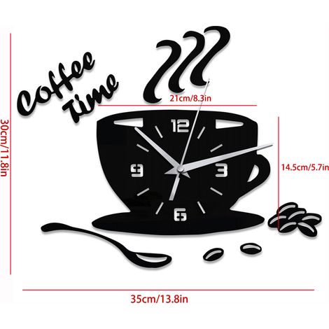 Horloge Murale Acrylique DIY Mute 35x30cm Noir Digital En Forme De Café Creuse Collant Adhésif Design Modern Miroir (1/5)