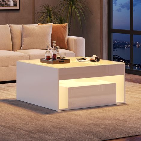 Quadratischer Couchtisch 70 x 70 cm mit LED, gehärteter Glasplatte und Stauraum, Weiß HAVRYA (1/5)