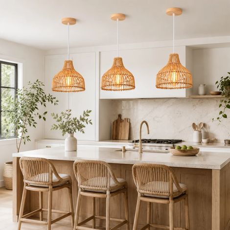 JOYINLED Suspension en rotin pour cuisine – Luminaire tressé style bohème (largeur 24 cm) – Idéal pour îlot central, salon ou salle à manger – Culot E26/E27 (ampoule non incluse) (1/5)