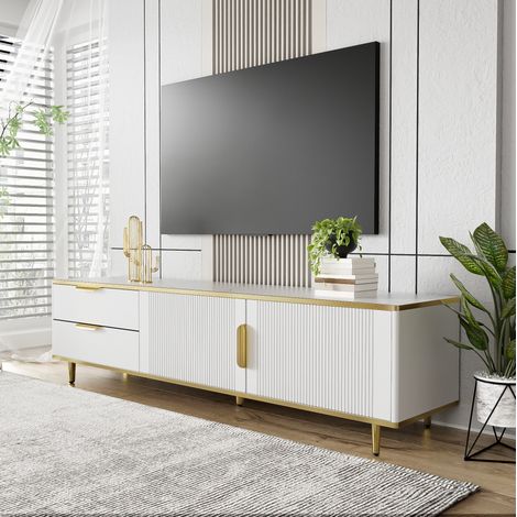 Mueble TV 170x37x45 cm blanco y dorado con 2 cajones y puertas (1/5)