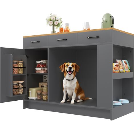 Îlot de cuisine avec 3 tiroirs, range-épices, plateau réglable et espace pour animal, 120 x 60 x 90 cm, gris et bois clair, pour cuisine et salon  CHICFURN (1/5)