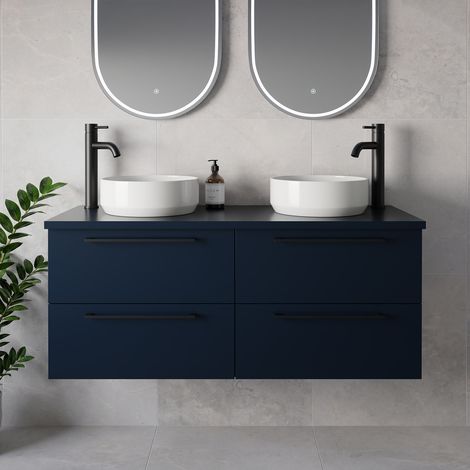 Napoli 460 Deep Blue 1200mm Wall Mounted 4 Drawer Vanity Unit for Countertop Basins - 1200mm - Matt Black 320mm Handle