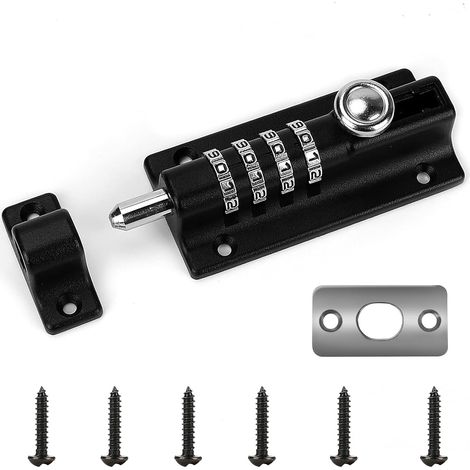 Serrure de porte à code, 4 roues, reprogrammable, étanche, verrou de portail, serrure à combinaison sans clé avec vis unidirectionnelles, haute sécurité pour abris de jardin/granges (noir) (1/4)