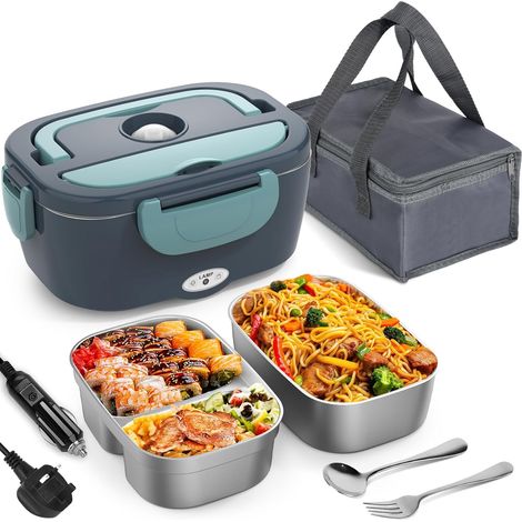 Boîte à lunch chauffante électrique 80 W, boîte à lunch isotherme pour adultes avec sac isotherme, 2 récipients alimentaires amovibles en acier inoxydable 304 de 1,5 L