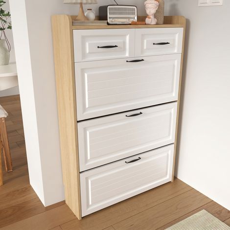 Meuble à chaussures avec armoire pivotante, composé de trois grands volets et deux tiroirs, rangement en bois pour chaussures, étagère à chaussures, idéal pour entrée et salon, L80/P23.5/H131cm (N657P (1/5)