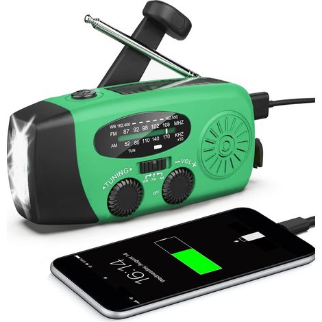 Radio d'urgence Solaire, à manivelle, Auto-alimentée, avec éclairage de Lampe de Poche LED, Alarme SOS avec AM/FM, Batterie de 2000 mAh pour Recharge d'urgence du Smartphone, Verte (1/5)