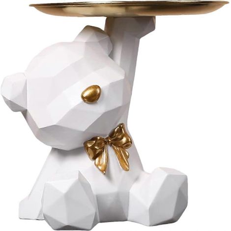 Plateau de rangement ours en résine statue d'ours debout mains levées vide-poches à clés décoration mignonne blanc (1/5)