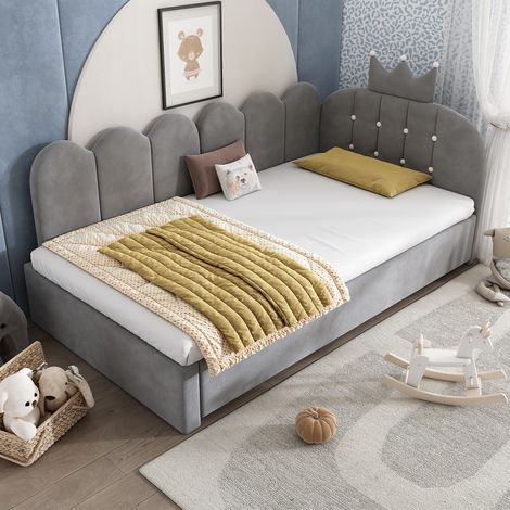 DESMIU Lit banquette gigogne 90 × 200 cm 1 place avec lit d'appoint 90 × 190 cm, sans matelas, velours, gris (1/5)