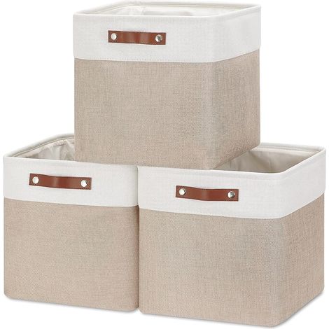 Panier de rangement cube pliable - Lot de 3 - Lin et toile - Avec poignées en cuir - Pour étagère et bureau - 28x28x28 cm (1/5)