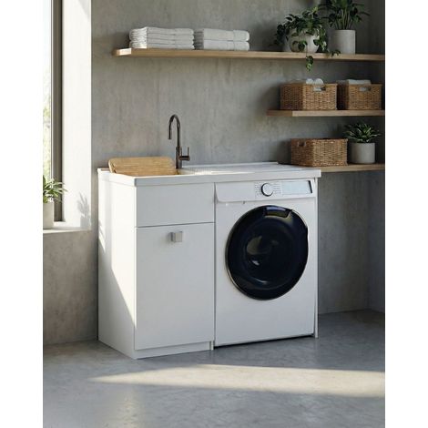 Mobile coprilavatrice Brilla Dx - Con 1 anta e lavatoio Contenitore salvaspazio per bagno e lavanderia - Lavatrice non inclusa - Bianco - 109x93x60 cm (1/3)