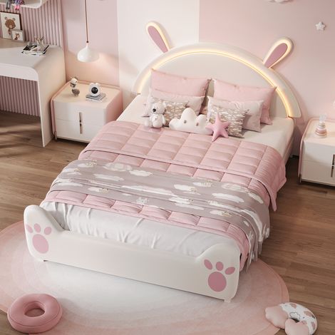 Kinderbett 140x200 cm, Einzel-/Doppelbett für Mädchen, Bettgestell mit Hasen-Kopfteil, Lattenrost, LED, Samt Weiß (1/5)