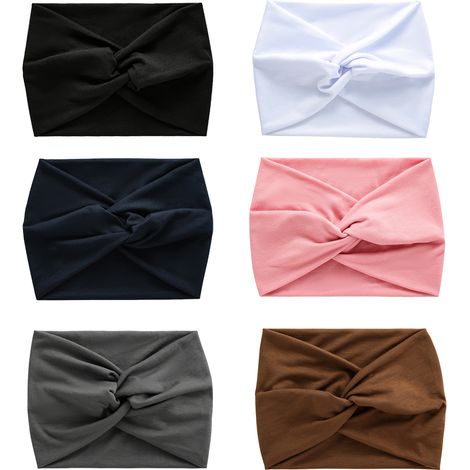 Lot de 6 Bandeaux, Turban large avec nœud torsadé, Faux coton extensible, Accessoire cheveux pour sport et quotidien (1/5)