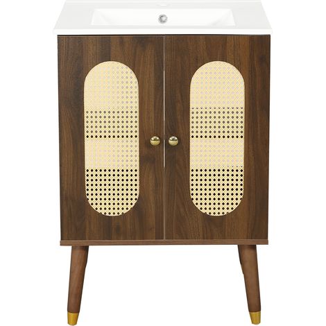 Mueble de lavabo de 61 cm en MDF color nogal con lavabo de cerámica y puertas de ratán (1/5)